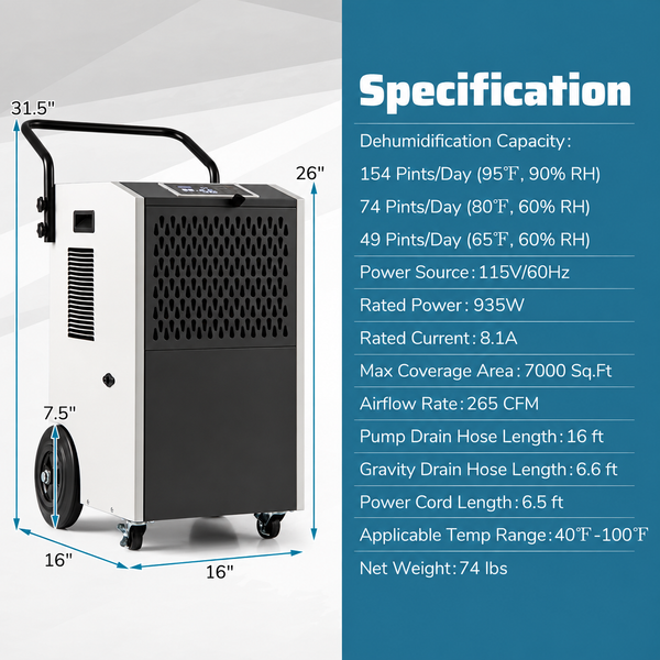 154 Pints Commercial Dehumidifier with Pump and Drain Hoses