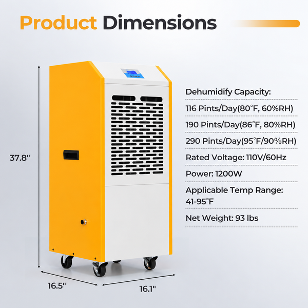 290 Pints Commercial Dehumidifier with Pump and Drain Hose for Basement Warehouse-Yellow